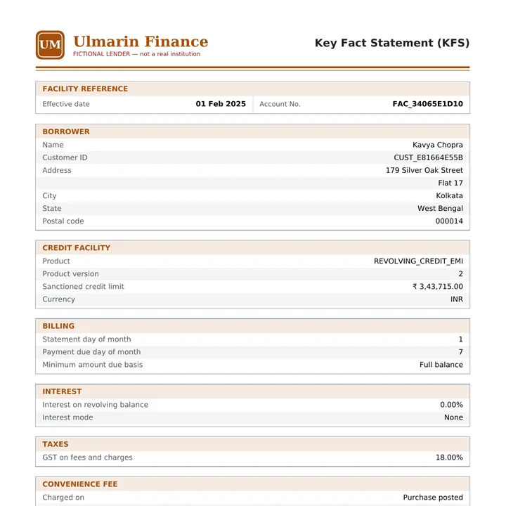 Page 1 of the key fact statement for the fictional borrower Kavya Chopra