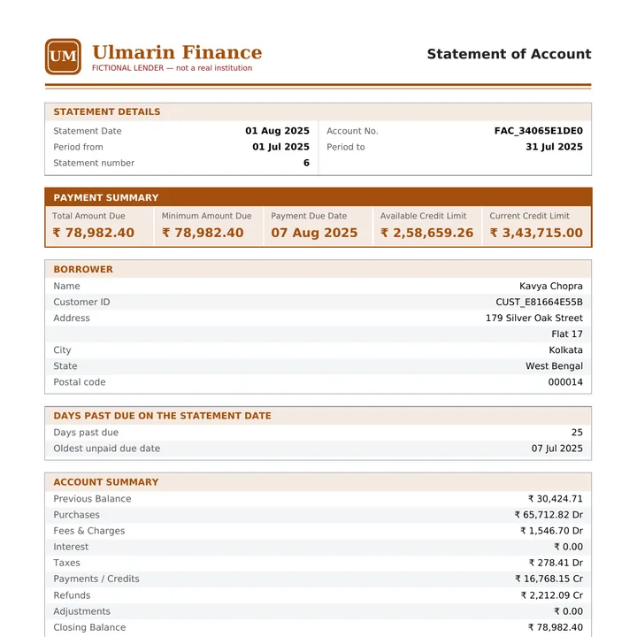 Page 1 of the monthly statement for the fictional borrower Kavya Chopra